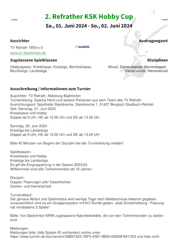 Ausschreibung 2. Refrather KSK Hobby Cup