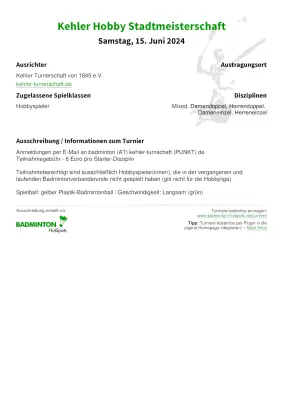 Ausschreibung Kehler Hobby Stadtmeisterschaft