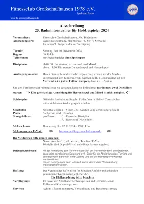 Ausschreibung 25. Badmintonturnier für Hobbyspieler 2024