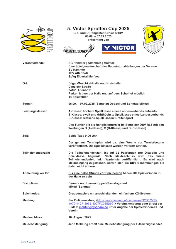 Ausschreibung 5. VICTOR Sprotten CUp