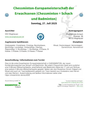 Ausschreibung Chessminton-Europameisterschaft der Erwachsenen (Chessminton = Schach und Badminton)