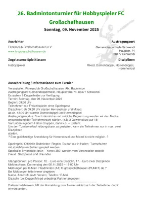Ausschreibung 26. Badmintonturnier für Hobbyspieler FC Großschafhausen