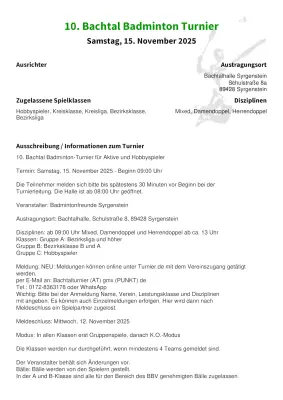 Ausschreibung 10. Bachtal Badminton Turnier