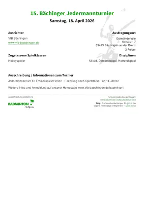 Ausschreibung 15. Bächinger Jedermannturnier