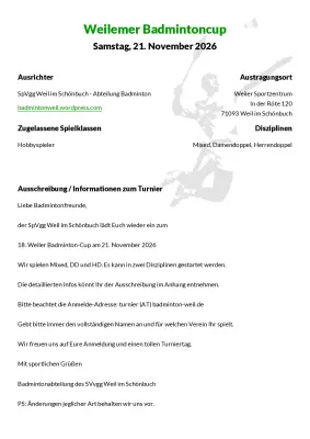 Ausschreibung Weilemer Badmintoncup